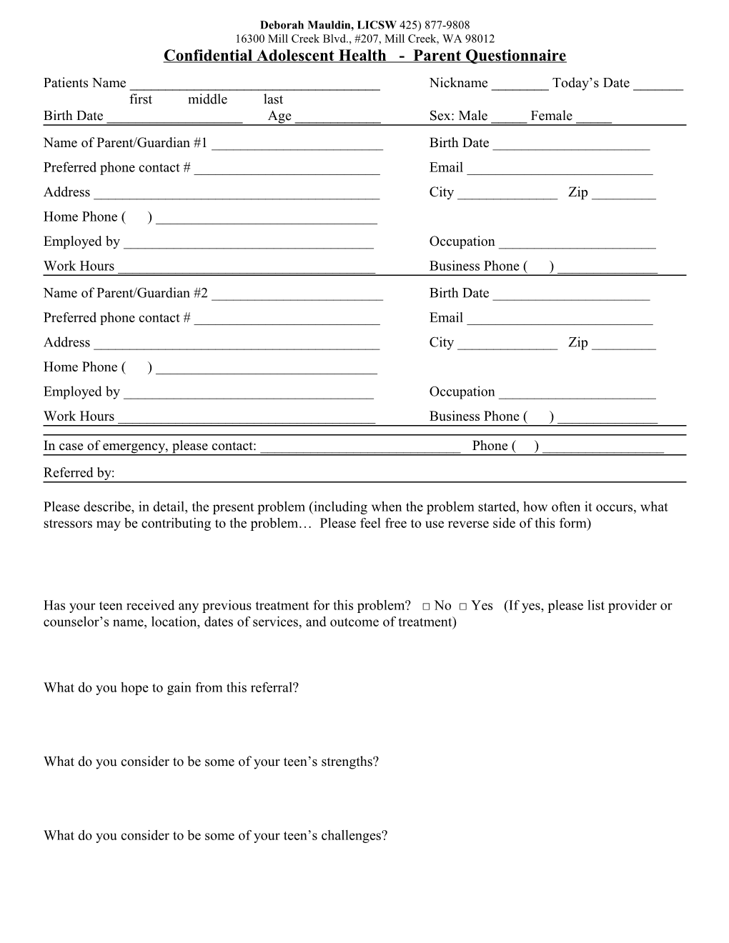 Confidential Adolescent Health - Parent Questionnaire
