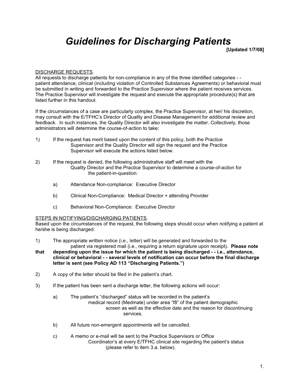 Guidelines for Discharging Patients