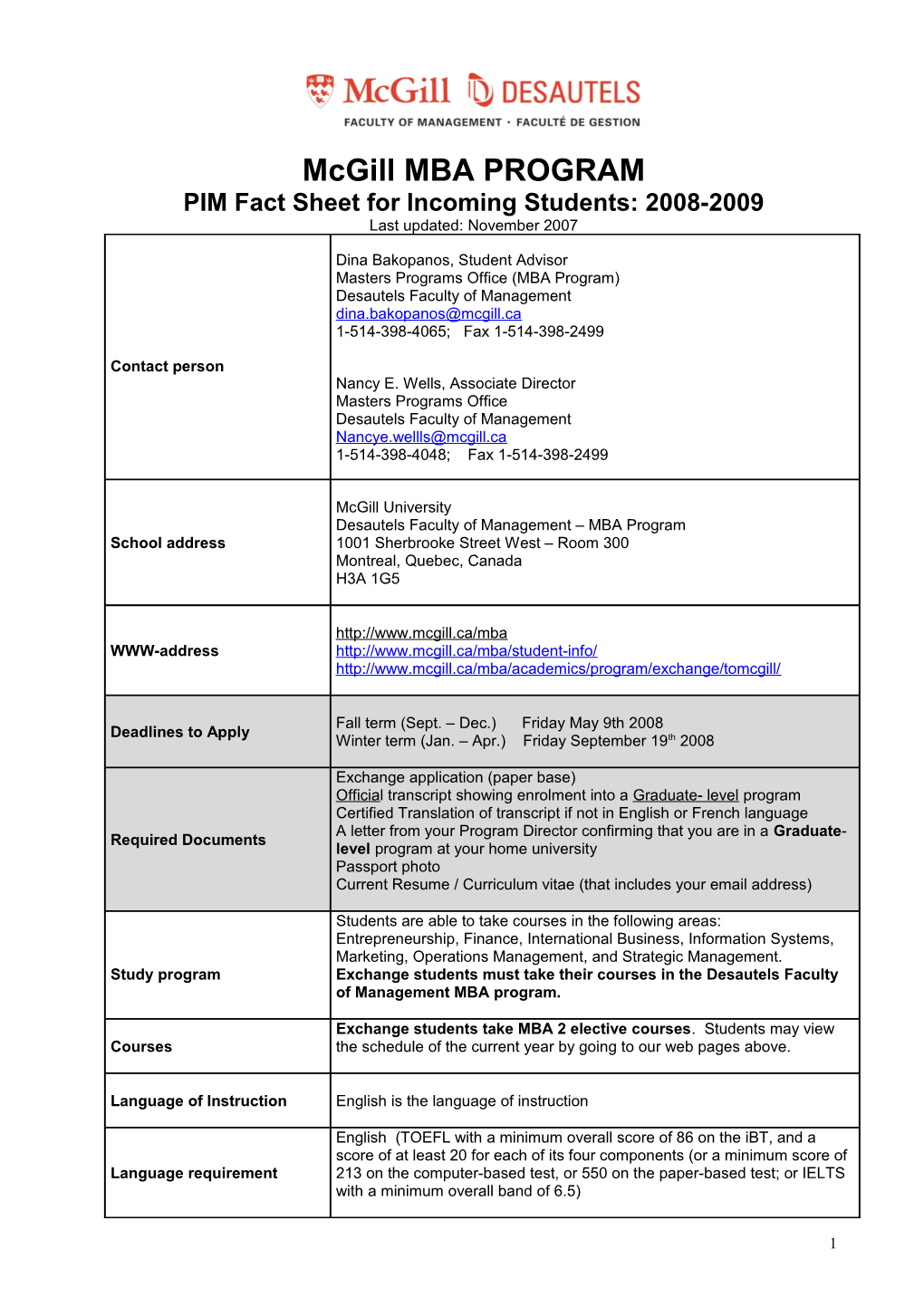 PIM Fact Sheet for Incoming Students: 2008-2009