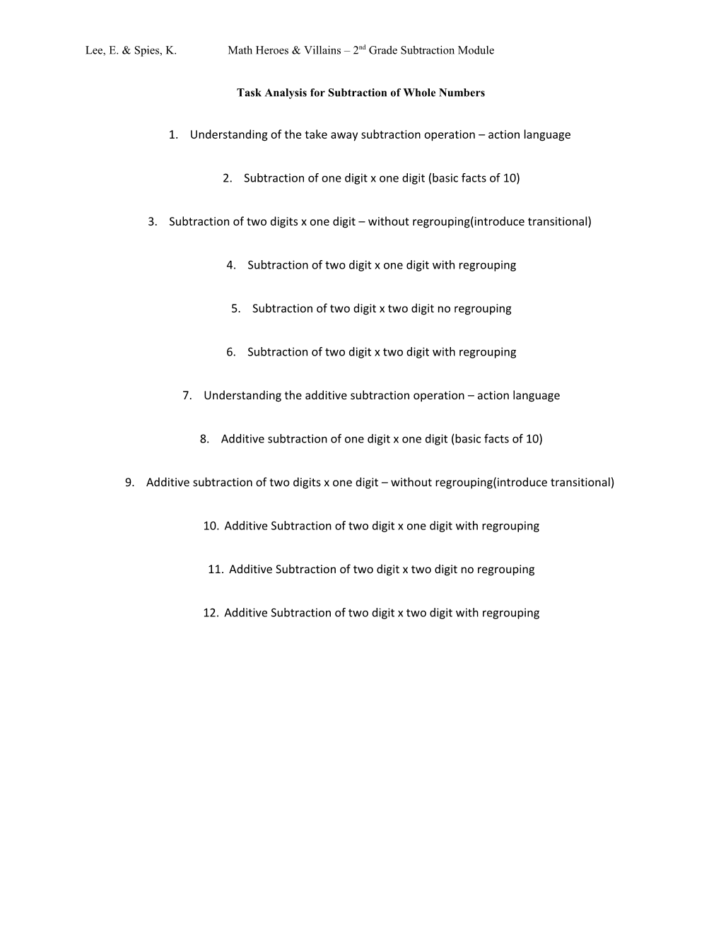 Task Analysis for Subtraction of Whole Numbers