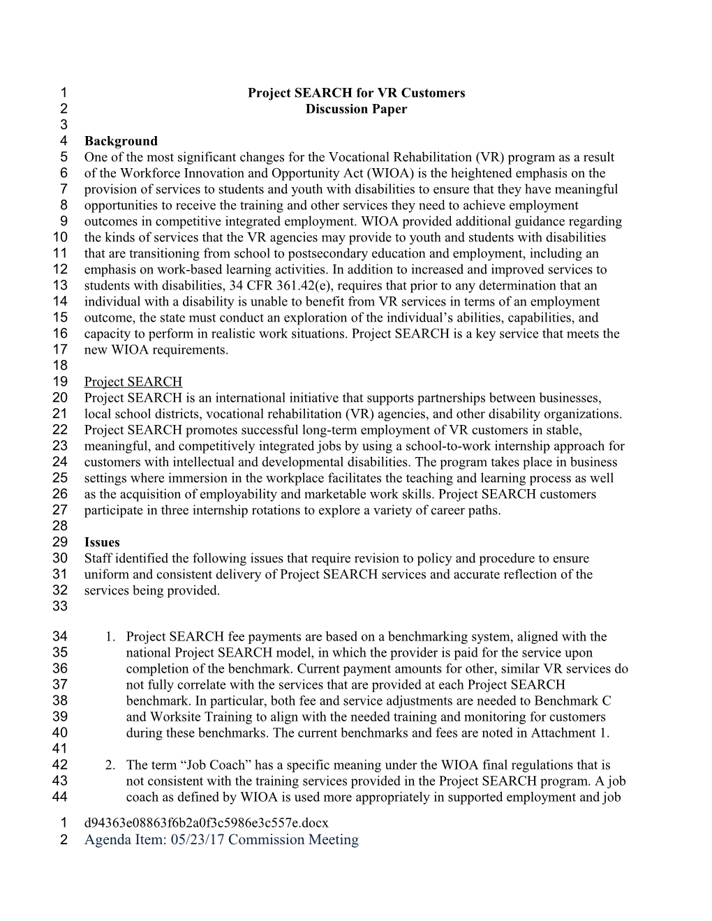 Commission Meeting Materials May 23, 2017 9:00 A.M. - Discussion Paper Project SEARCH