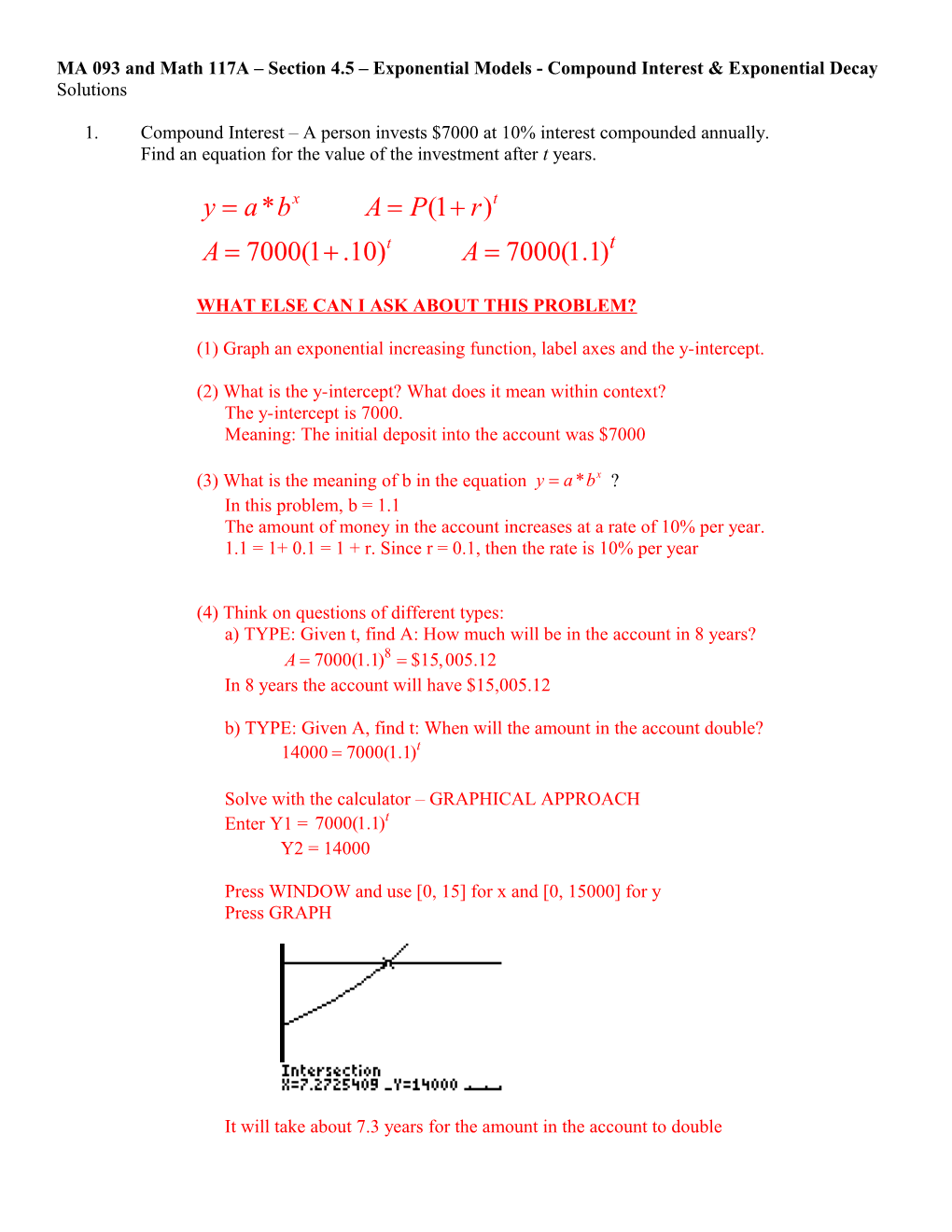 MA 093 and Math 117A Section 4.5 Exponential Models - Compound Interest & Exponential Decay