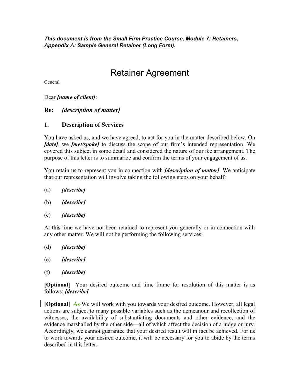 This Document Is from the Small Firm Practice Course, Module 7: Retainers, Appendix A:Sample