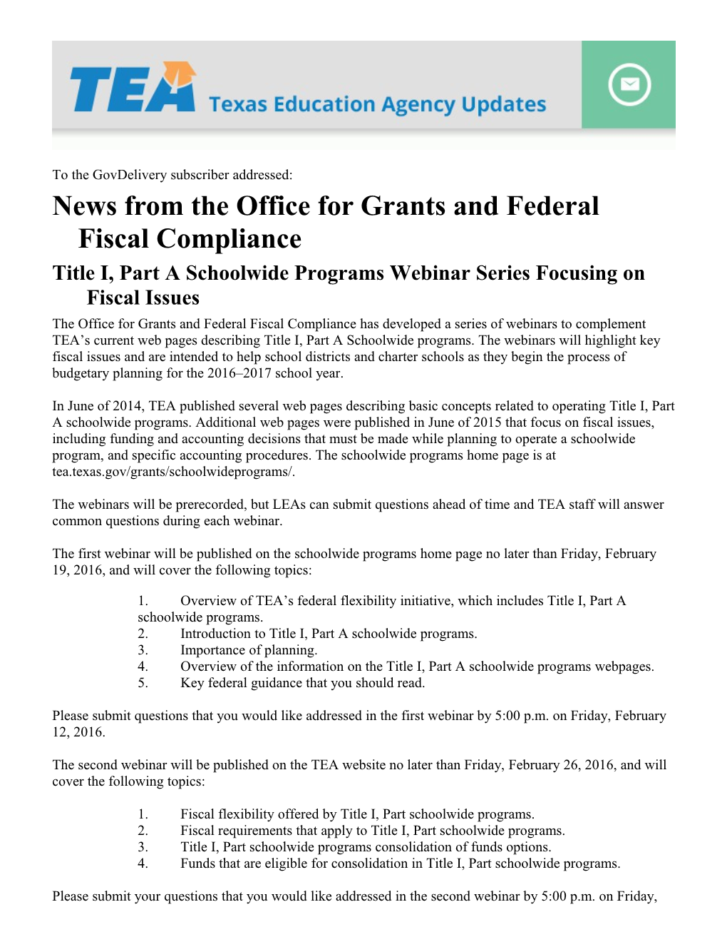 News from the Office for Grants and Federal Fiscal Compliance