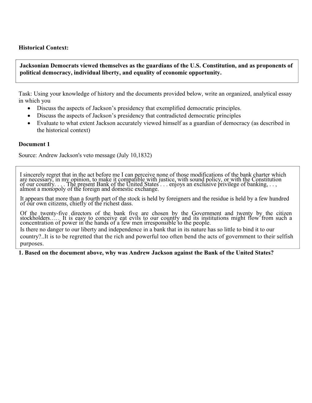 DBQ Essay: Directions: Read the Task, and Create an Outline Based on Outside Information