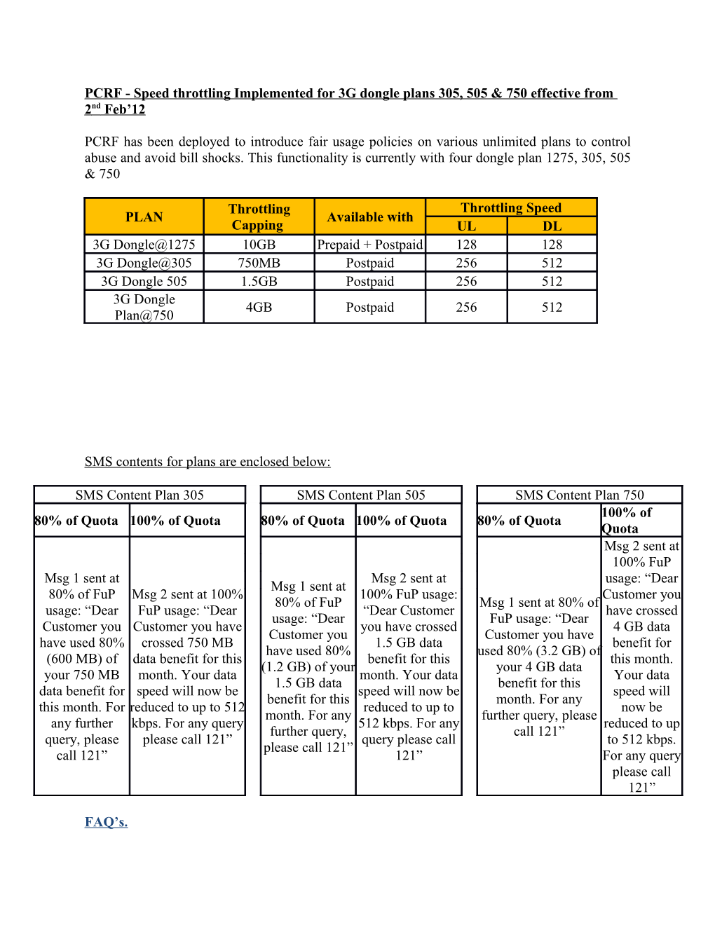 PCRF - Speed Throttling Implemented for 3G Dongle Plans 305, 505 & 750 Effective From