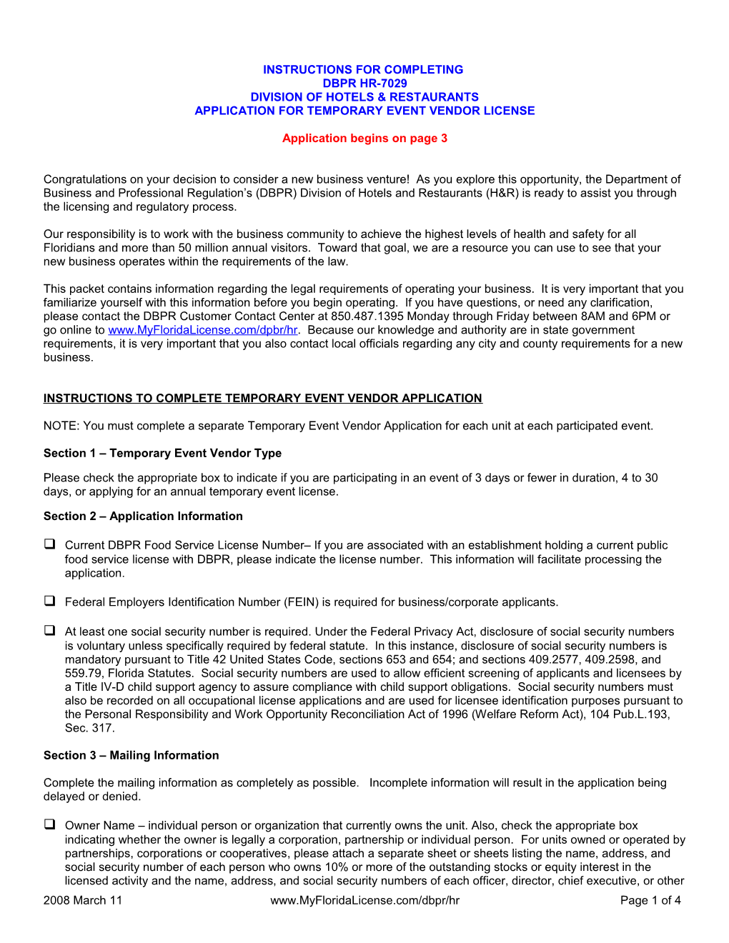 DBPR HR-7029 Division of Hotels and Restaurants Application for Temporary Event Vendor License