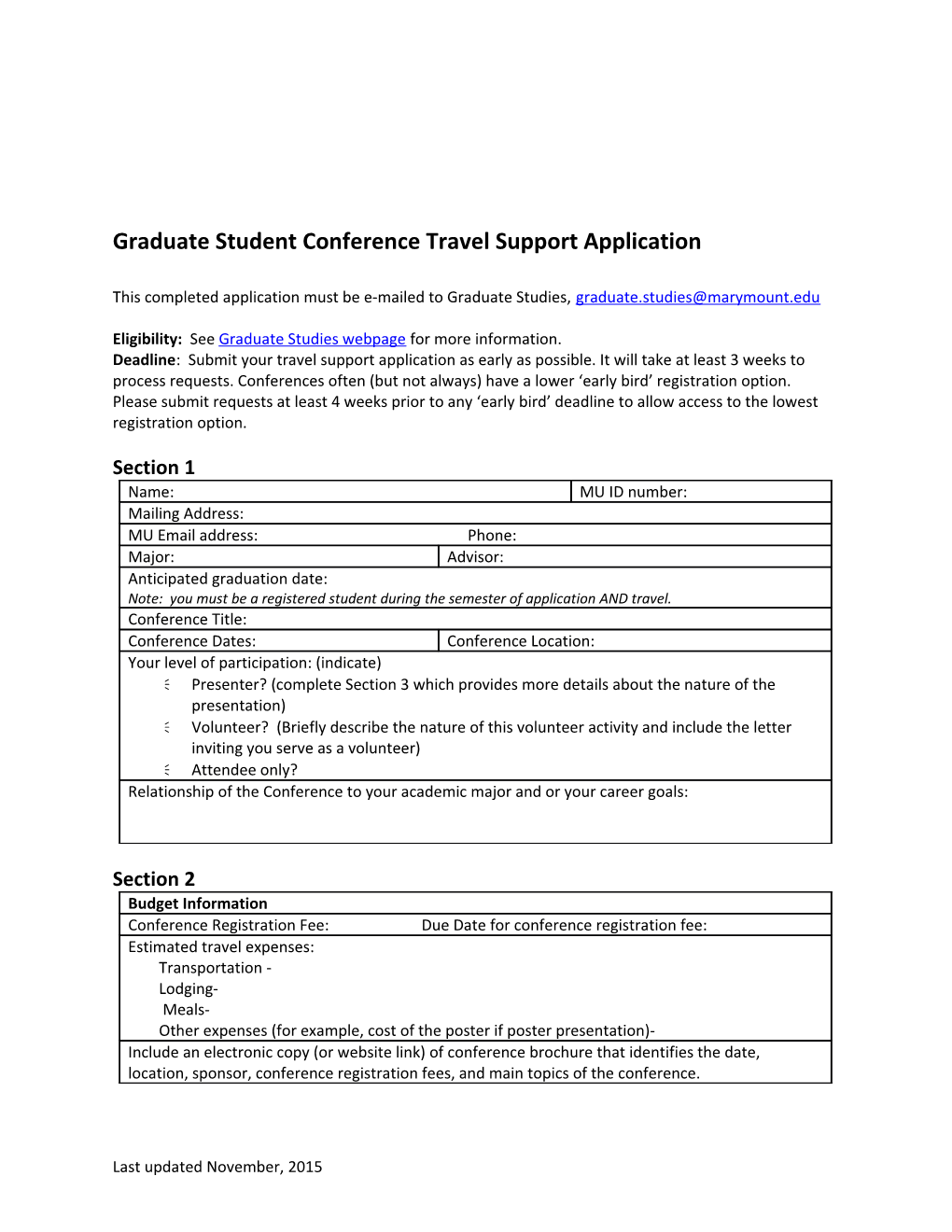 Graduate Student Conference Travel Support Application