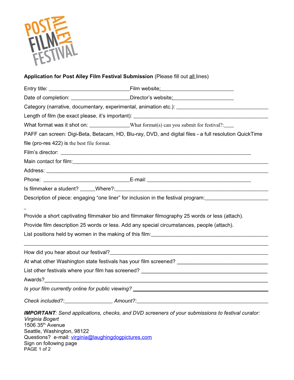 Application for Post Alley Film Festival Submission (Please Fill out All Lines)