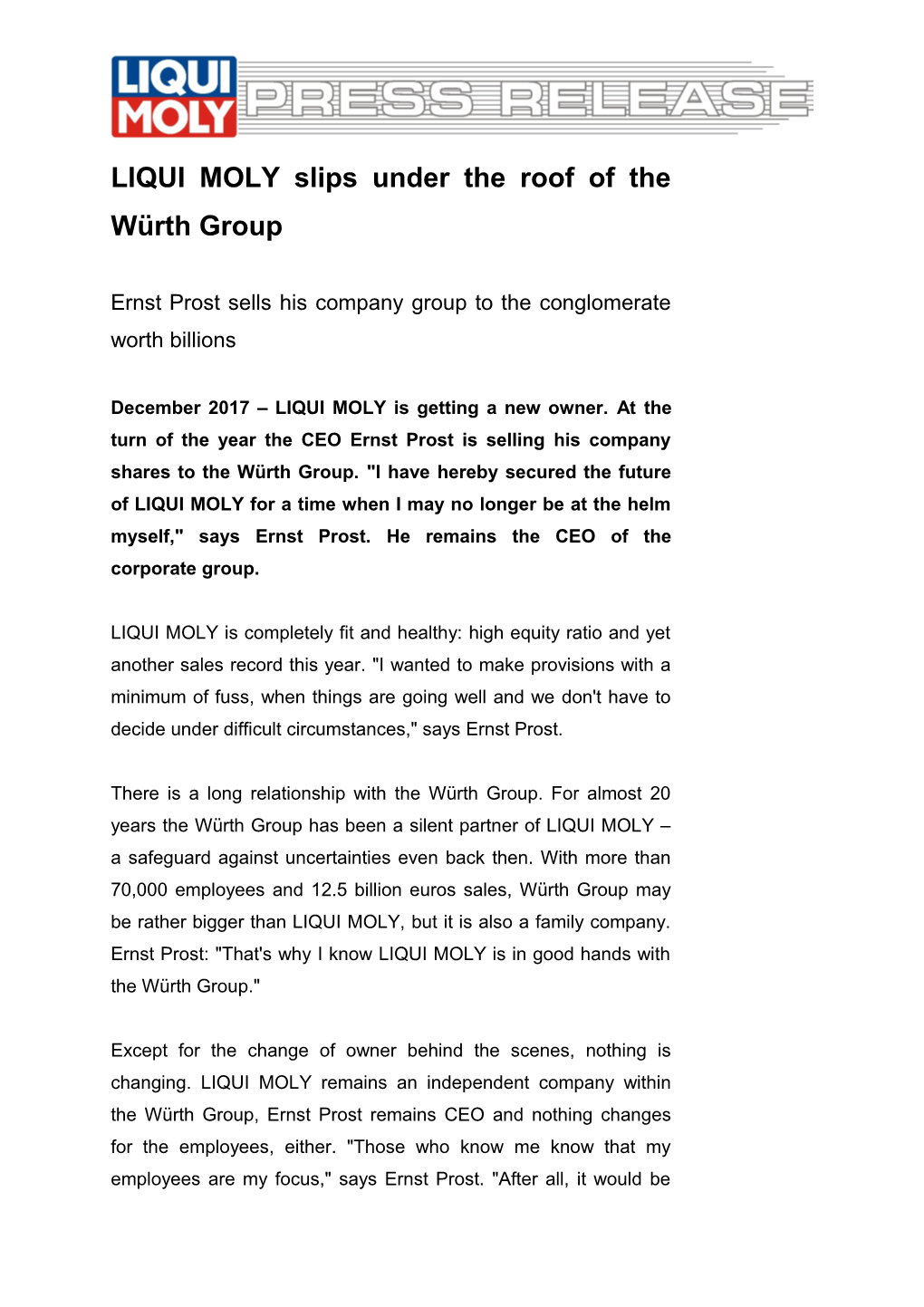 LIQUI MOLY Slips Under the Roof of the Würth Group