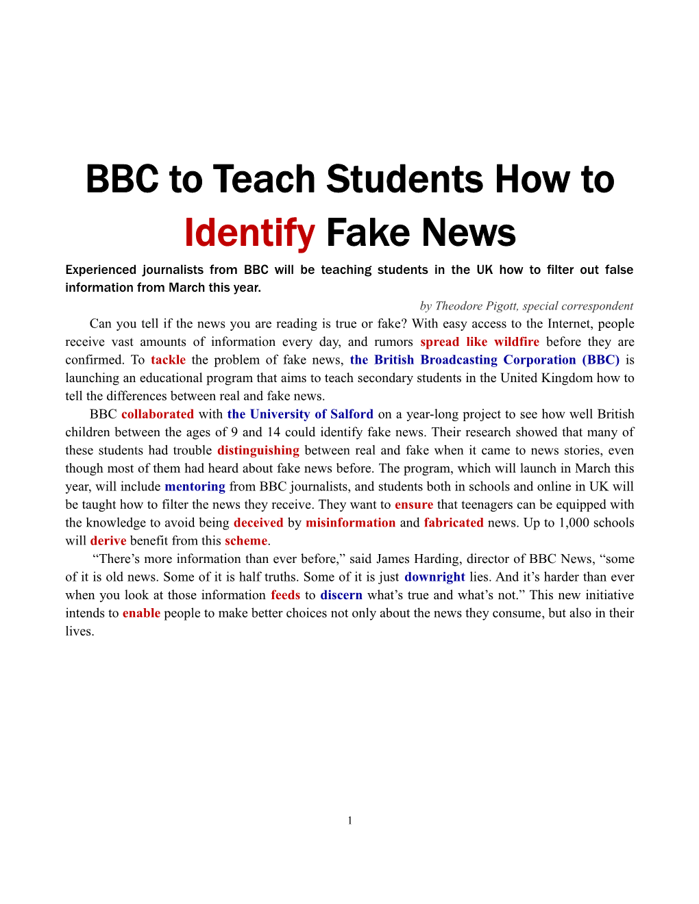 BBC to Teach Students How to Identifyfake News