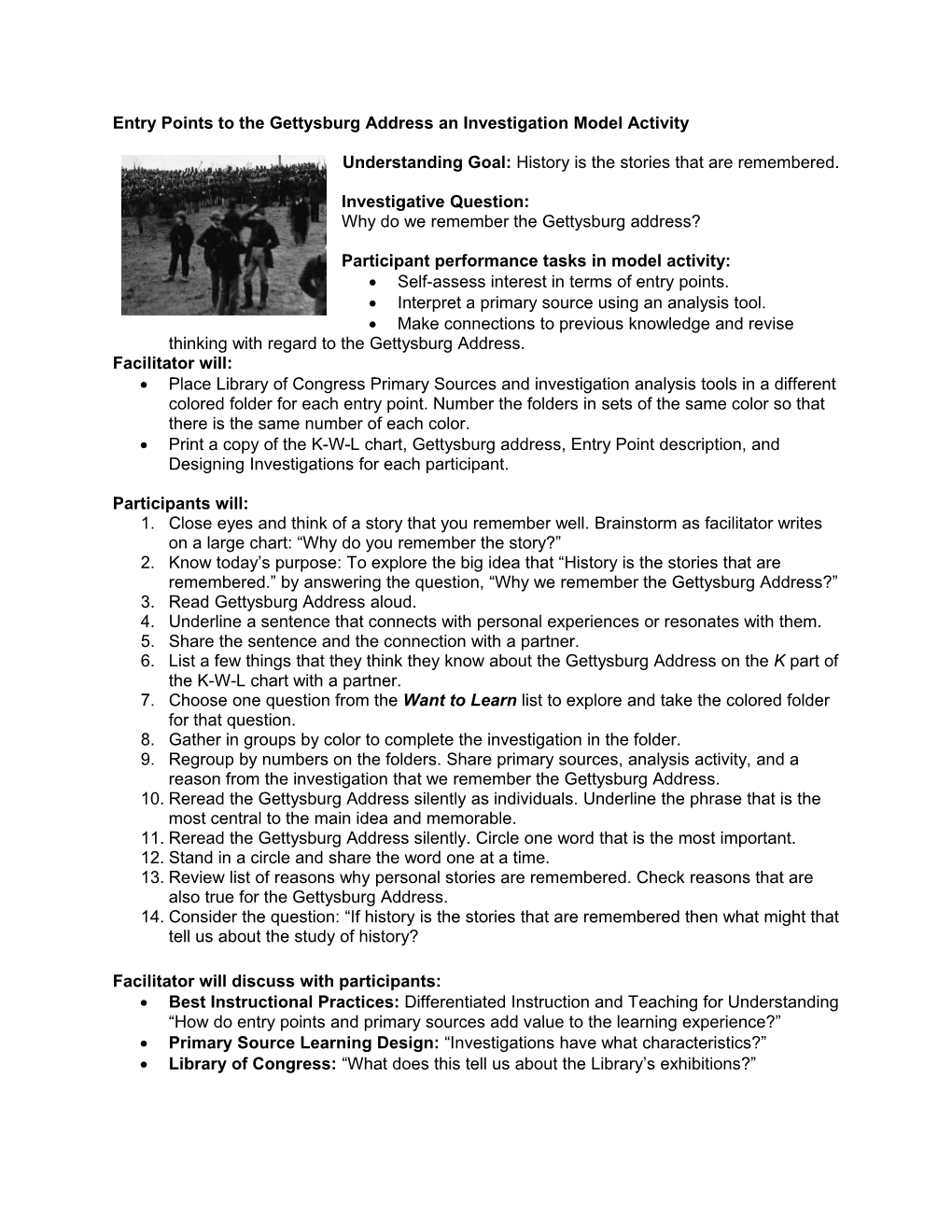 Entry Points to the Gettysburg Address an Investigation Model Activity