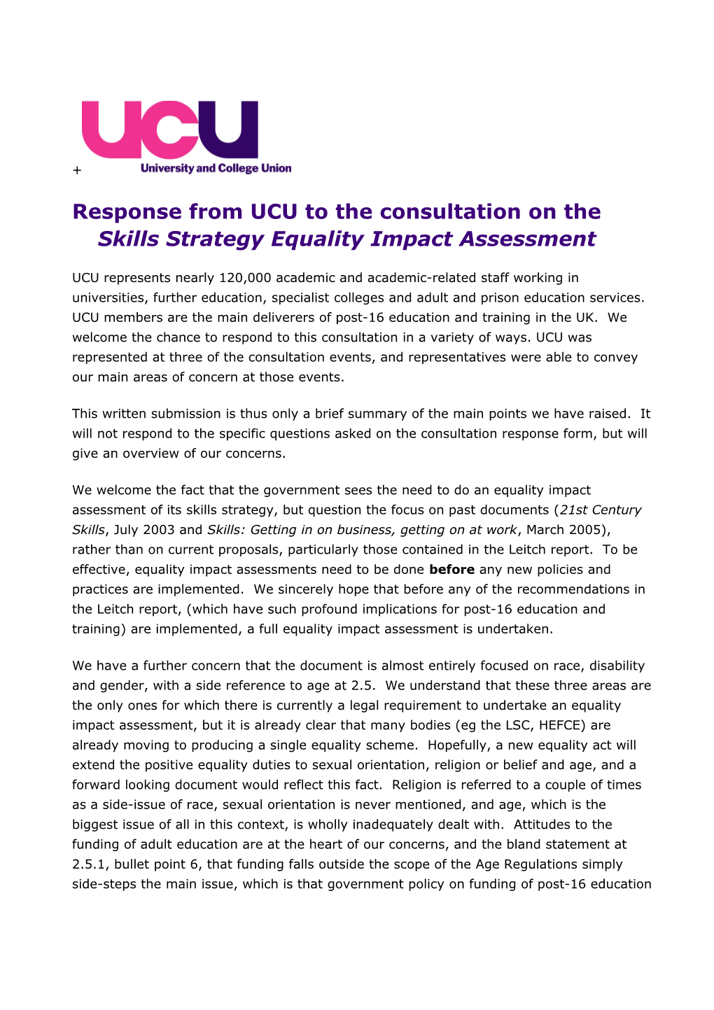 Response from UCU to the Consultation on the Skills Strategy Equality Impact Assessment