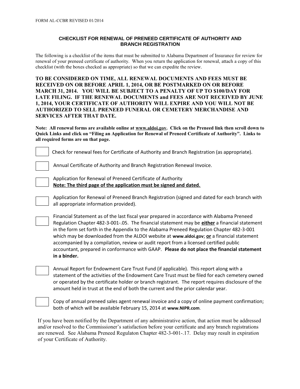Checklist for Renewal of Preneed Certificate of Authority And