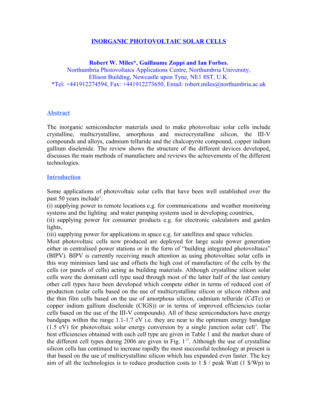 Inorganic Photovoltaic Solar Cells