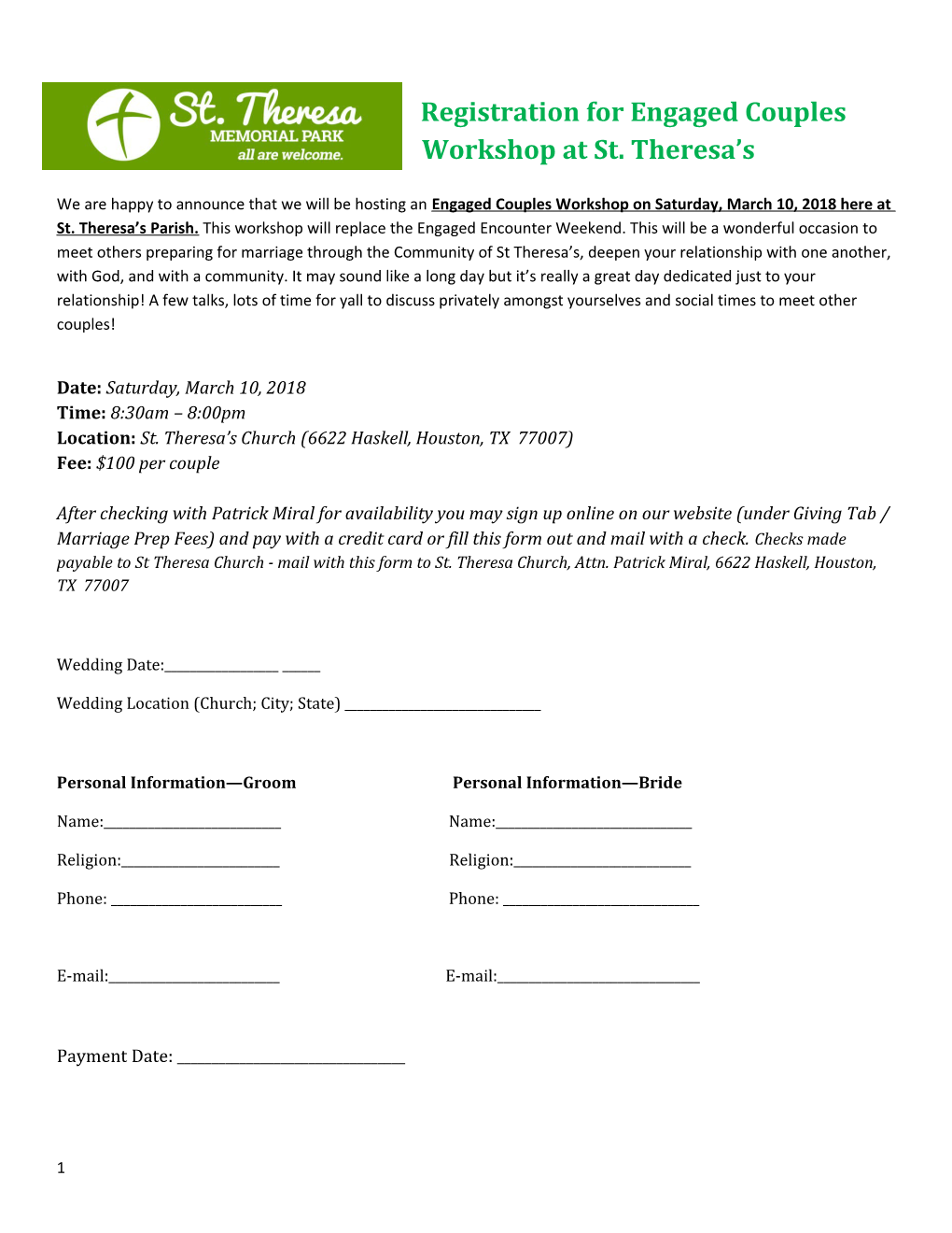 Registration for Engaged Couples Workshopat St. Theresa S