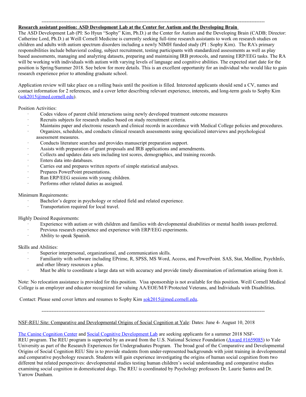 Research Assistant Position: ASD Development Lab at the Center for Autism and the Developing