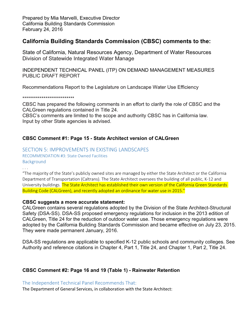 California Building Standards Commission (CBSC) Comments to The