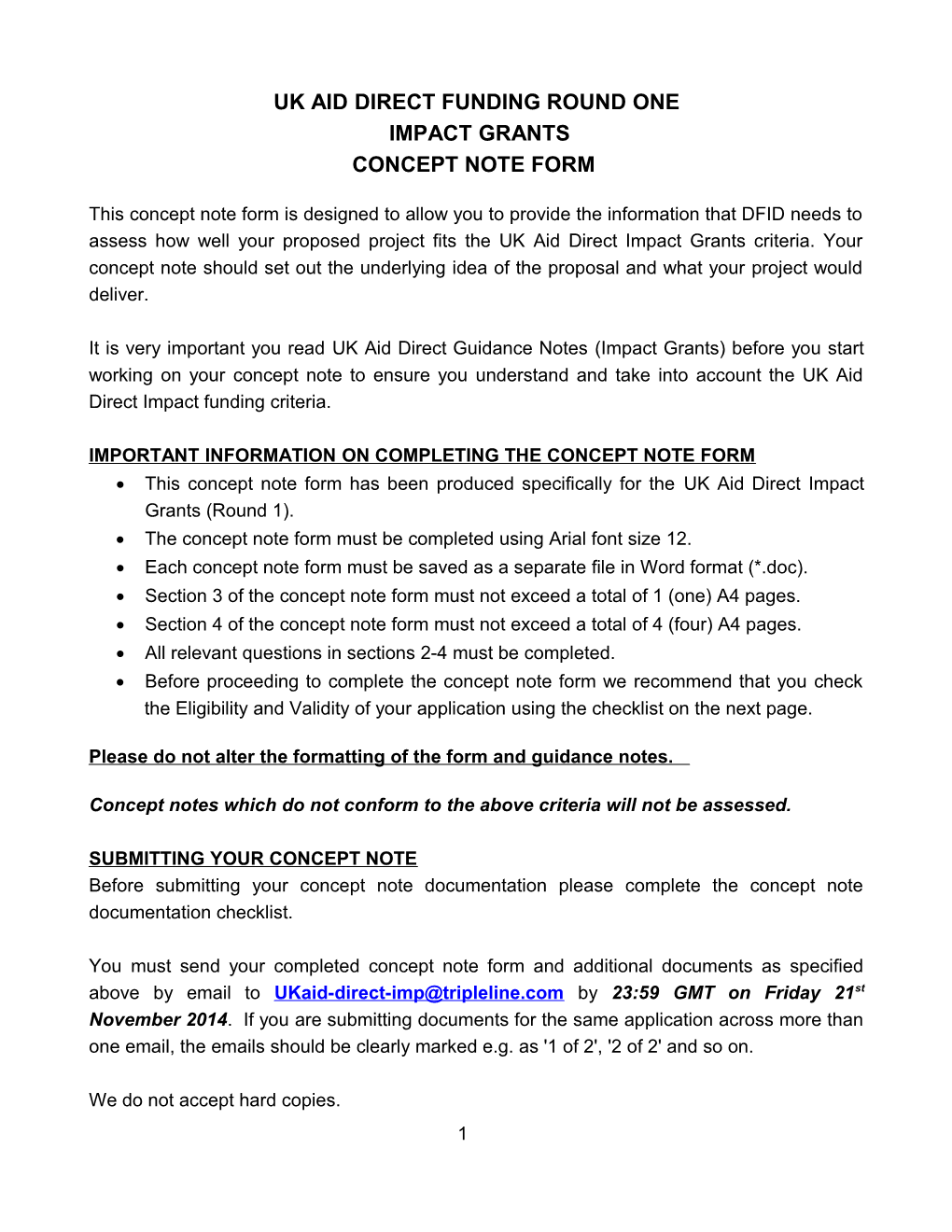 UK Aid Direct Funding Round One Impact Grants Concept Note Form