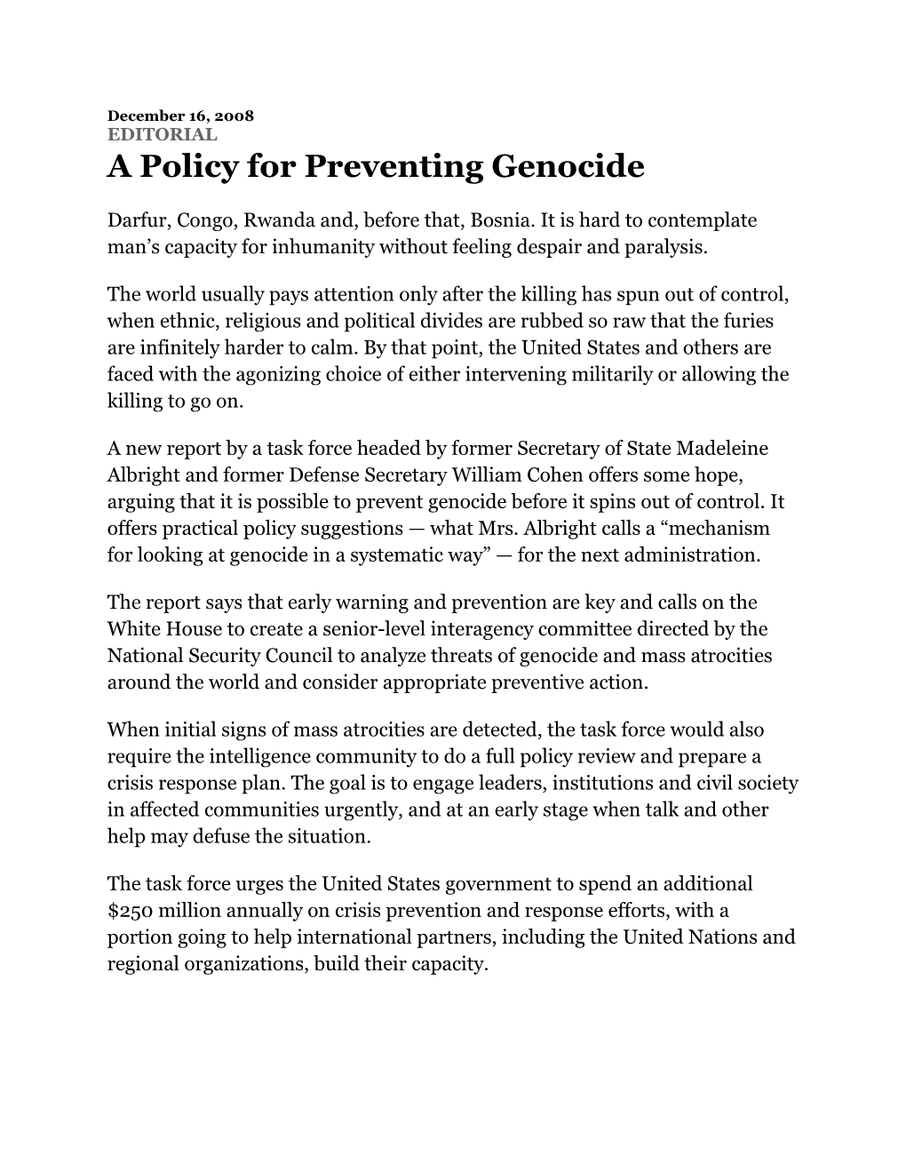 A Policy for Preventing Genocide