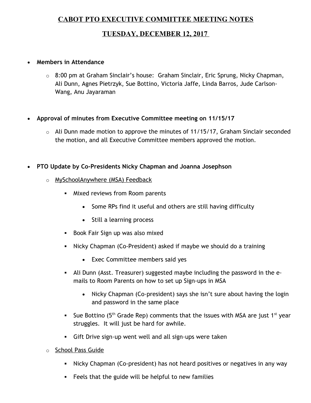 Cabot Pto Executive Committee Meeting Notes