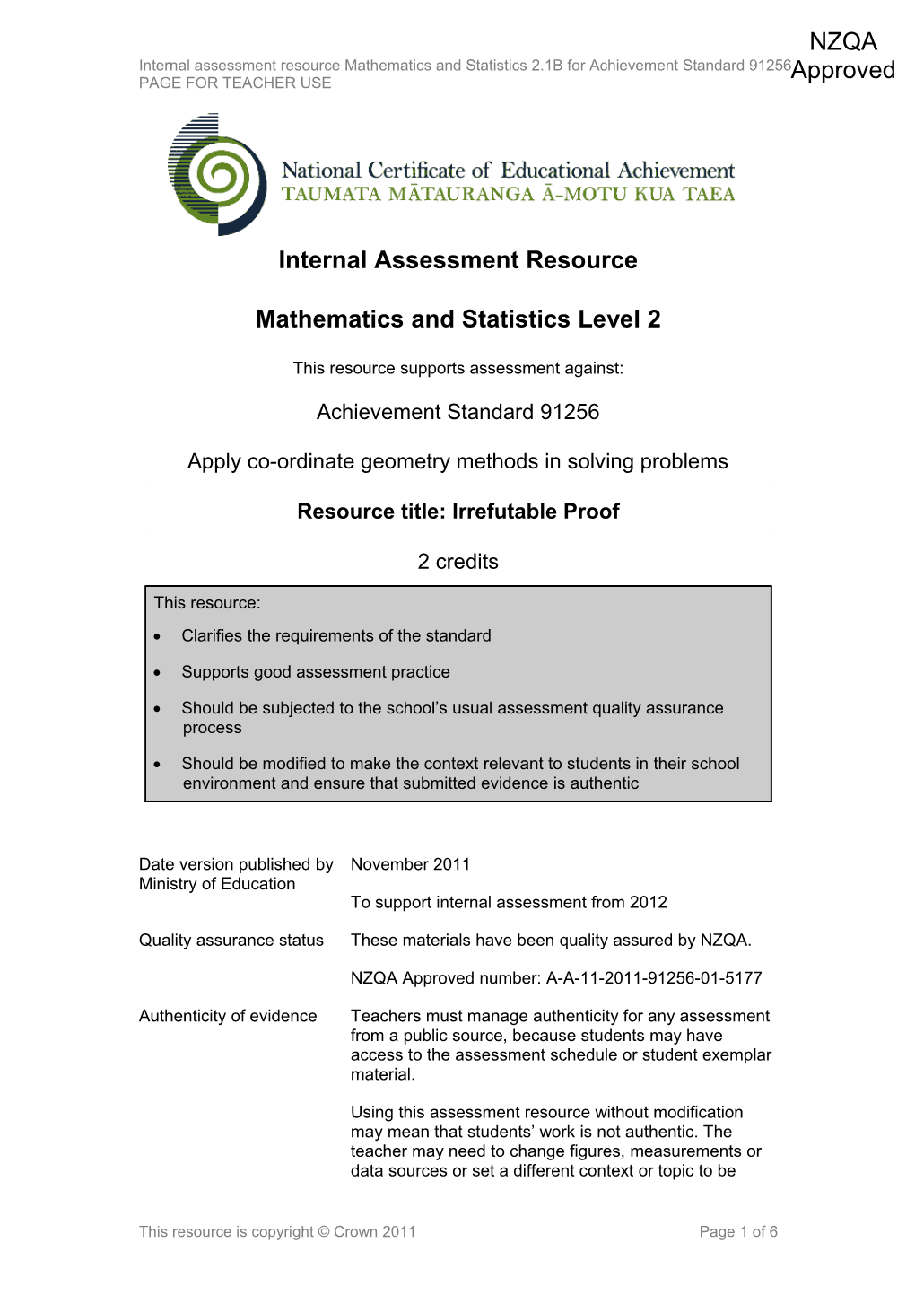 Level 2 Mathematics Internal Assessment Resource