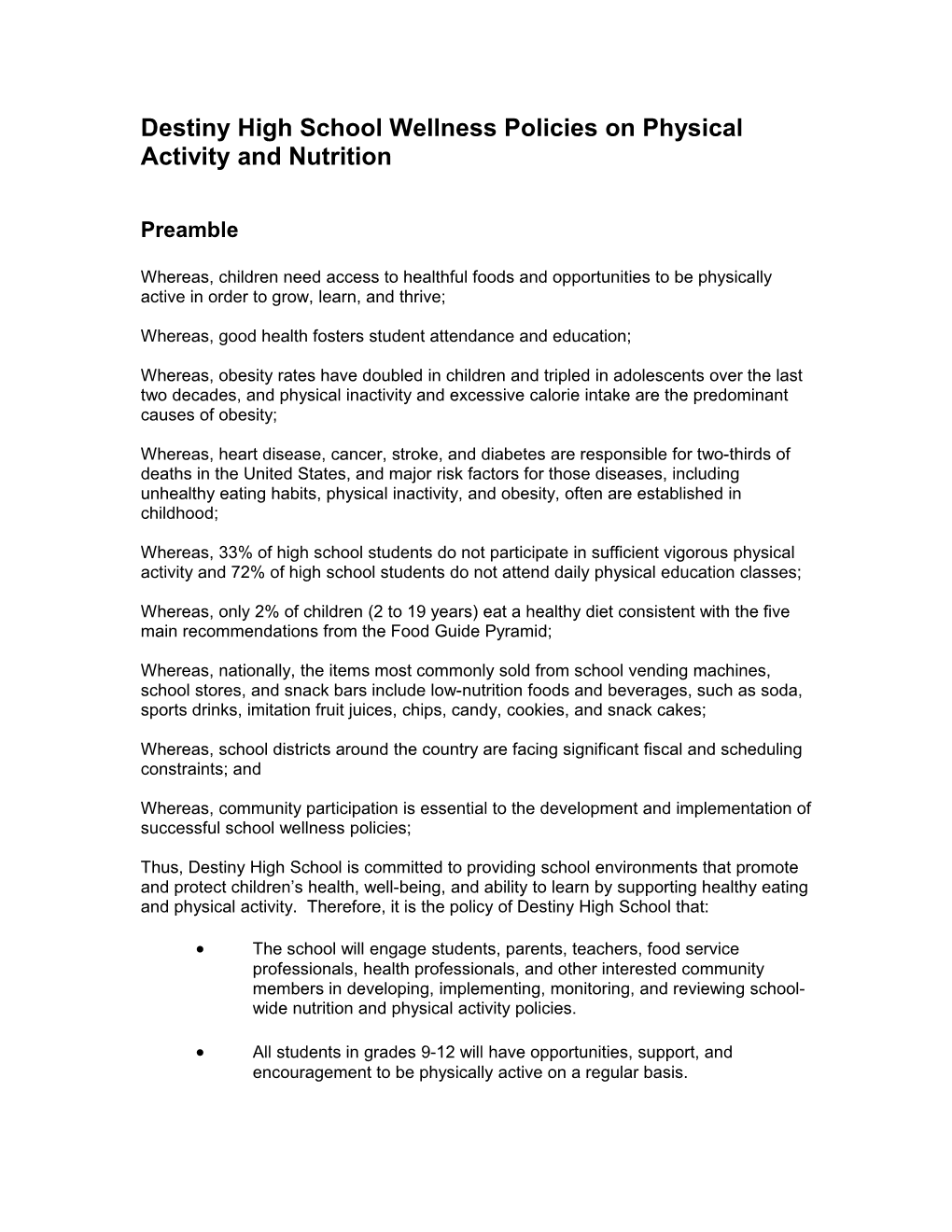 DLH Academy Wellness Policies on Physical Activity and Nutrition