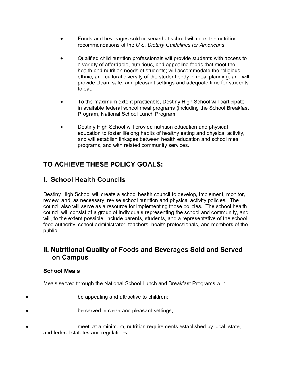 DLH Academy Wellness Policies on Physical Activity and Nutrition