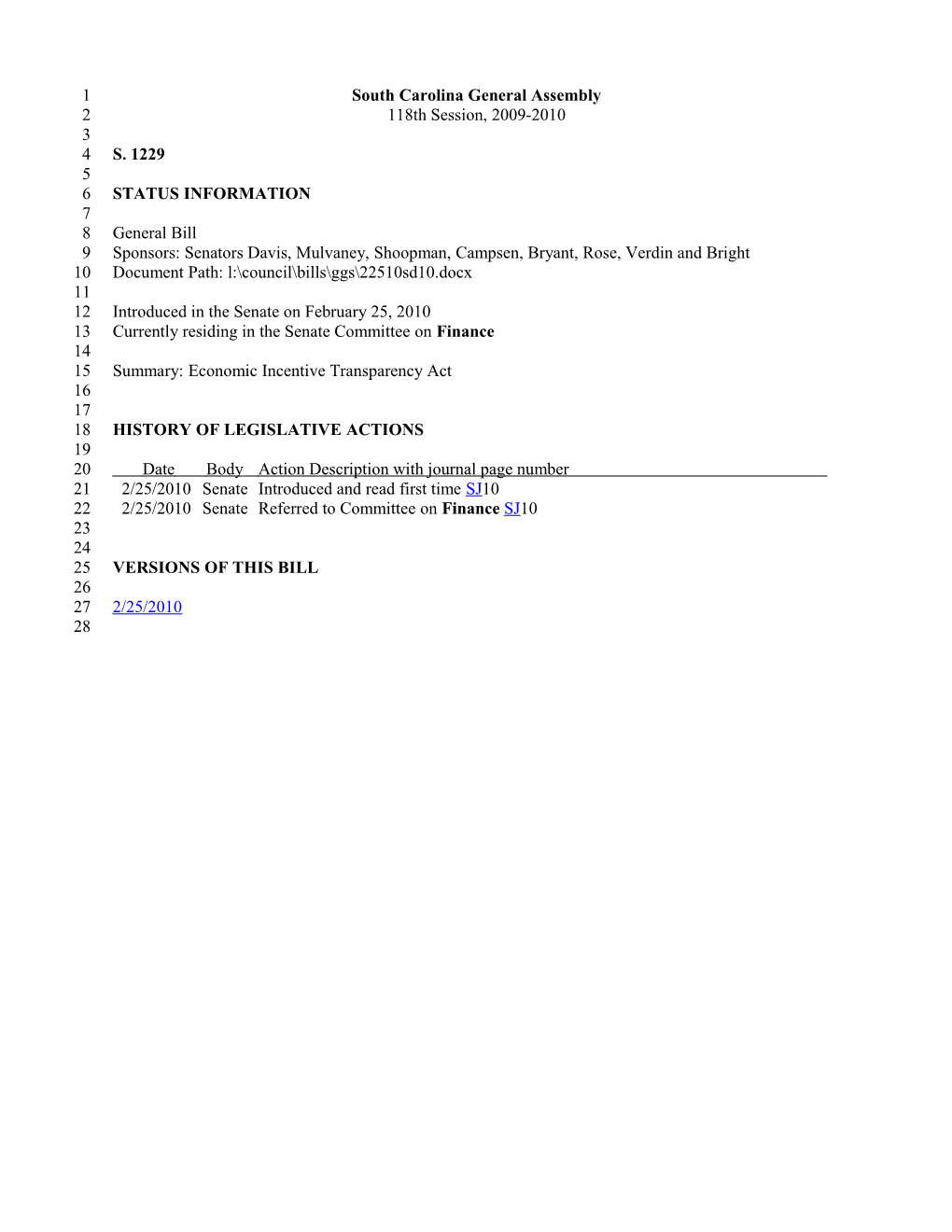 2009-2010 Bill 1229: Economic Incentive Transparency Act - South Carolina Legislature Online