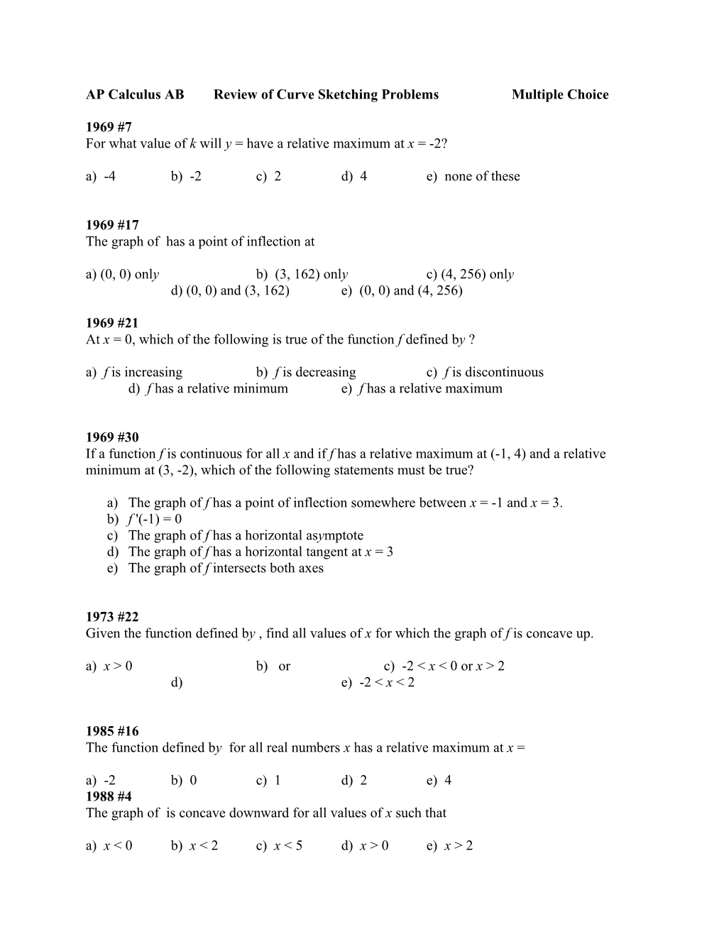 AP Calculus Abreview of Curve Sketching Problemsmultiple Choice