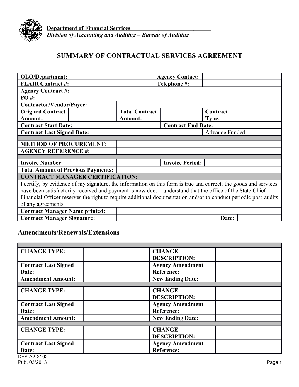 Summary of Contractual Services Agreement/Purchase Order