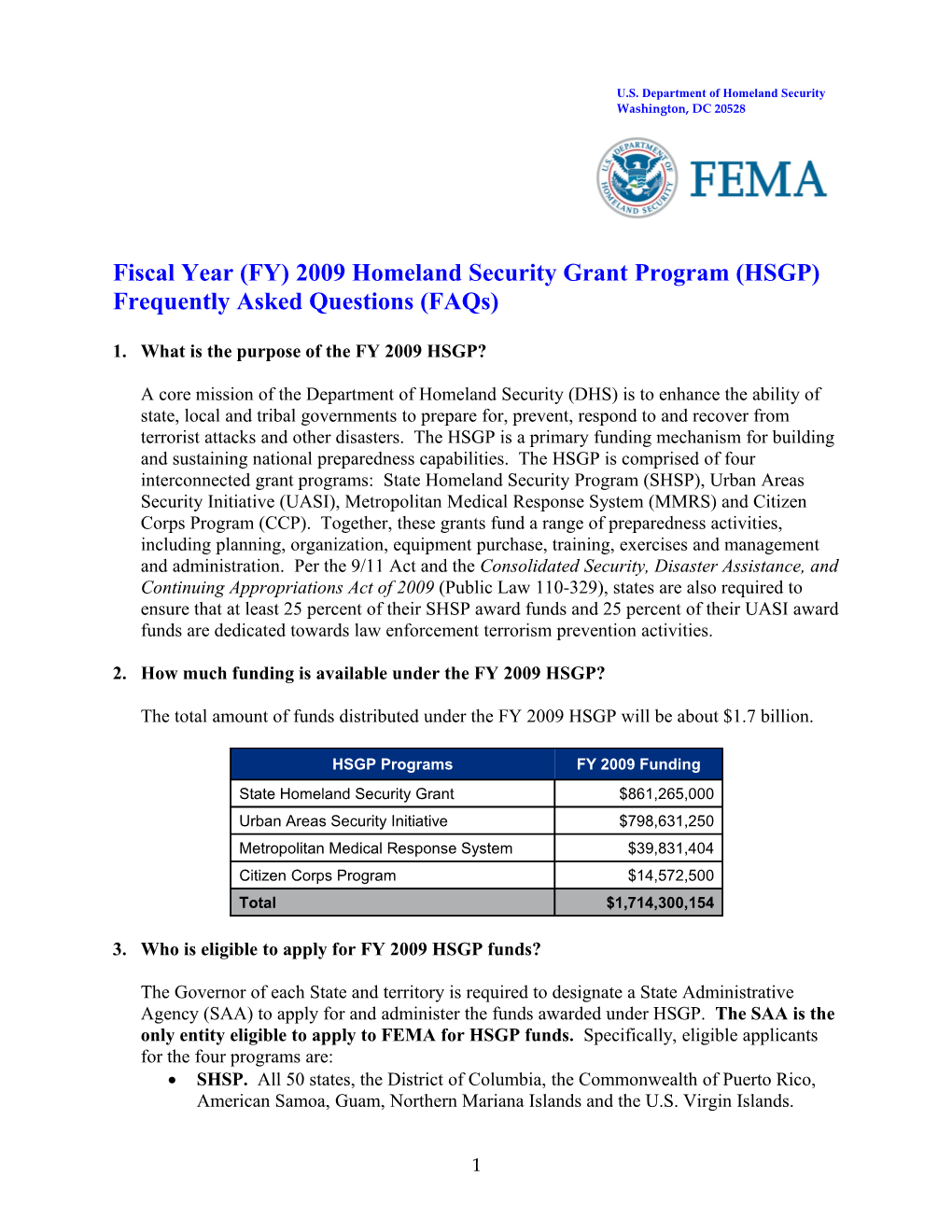 Fiscal Year (FY) 2009Homeland Security Grant Program (HSGP)