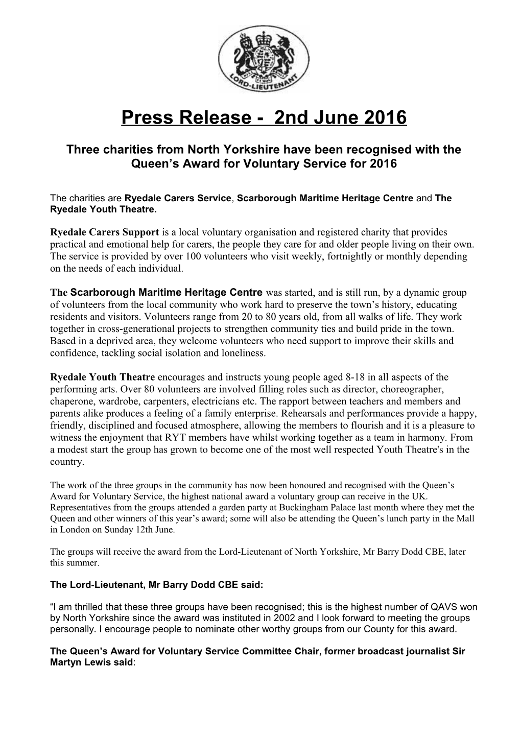 Press Release - 2Nd June 2016