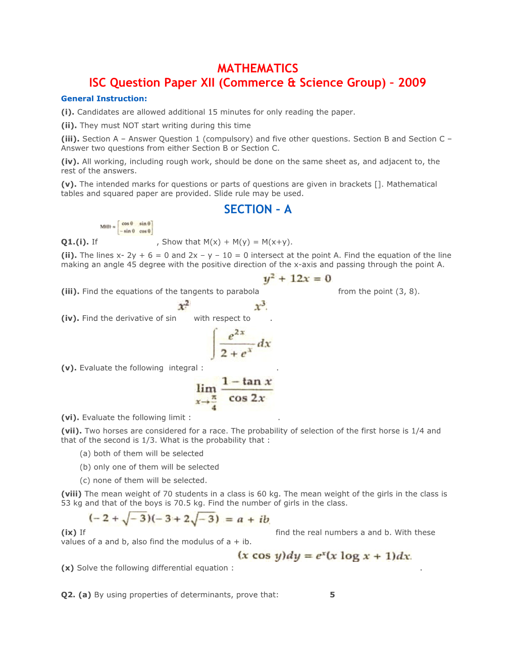 ISC Question Paper XII (Commerce & Science Group) 2009