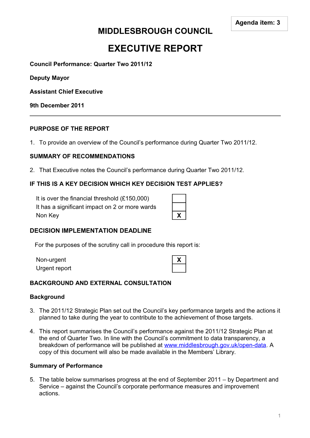 Council Performance: Quarter Two 2011/12