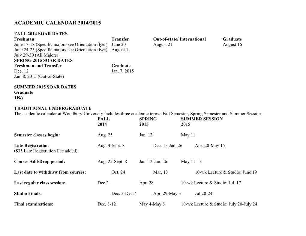 Academic Calendar 2014/2015