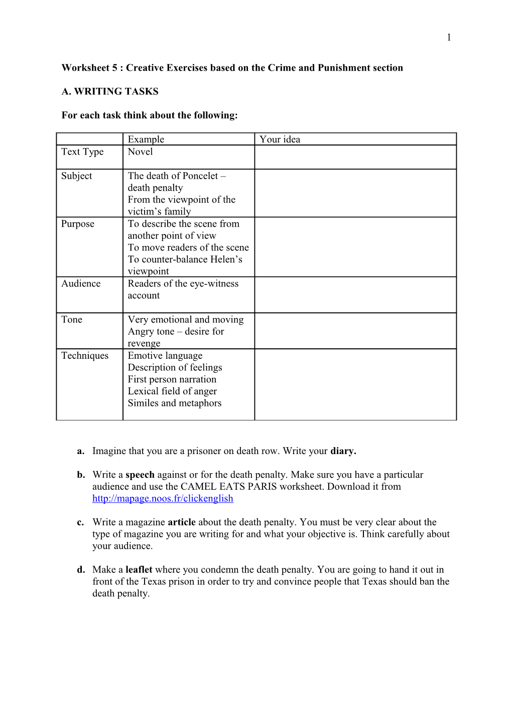 Worksheet 5 : Creative Exercises Based on the Crime and Punishment Section