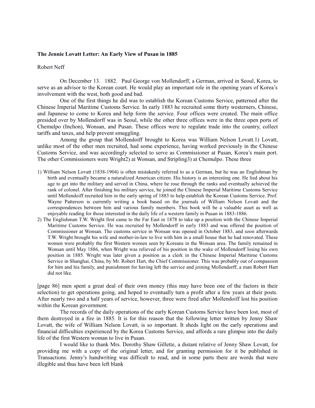 The Jennie Lovatt Letter: an Early View of Pusan in 1885