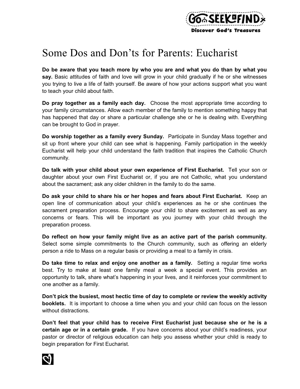 Some Dos and Don T S for Parents: Eucharist