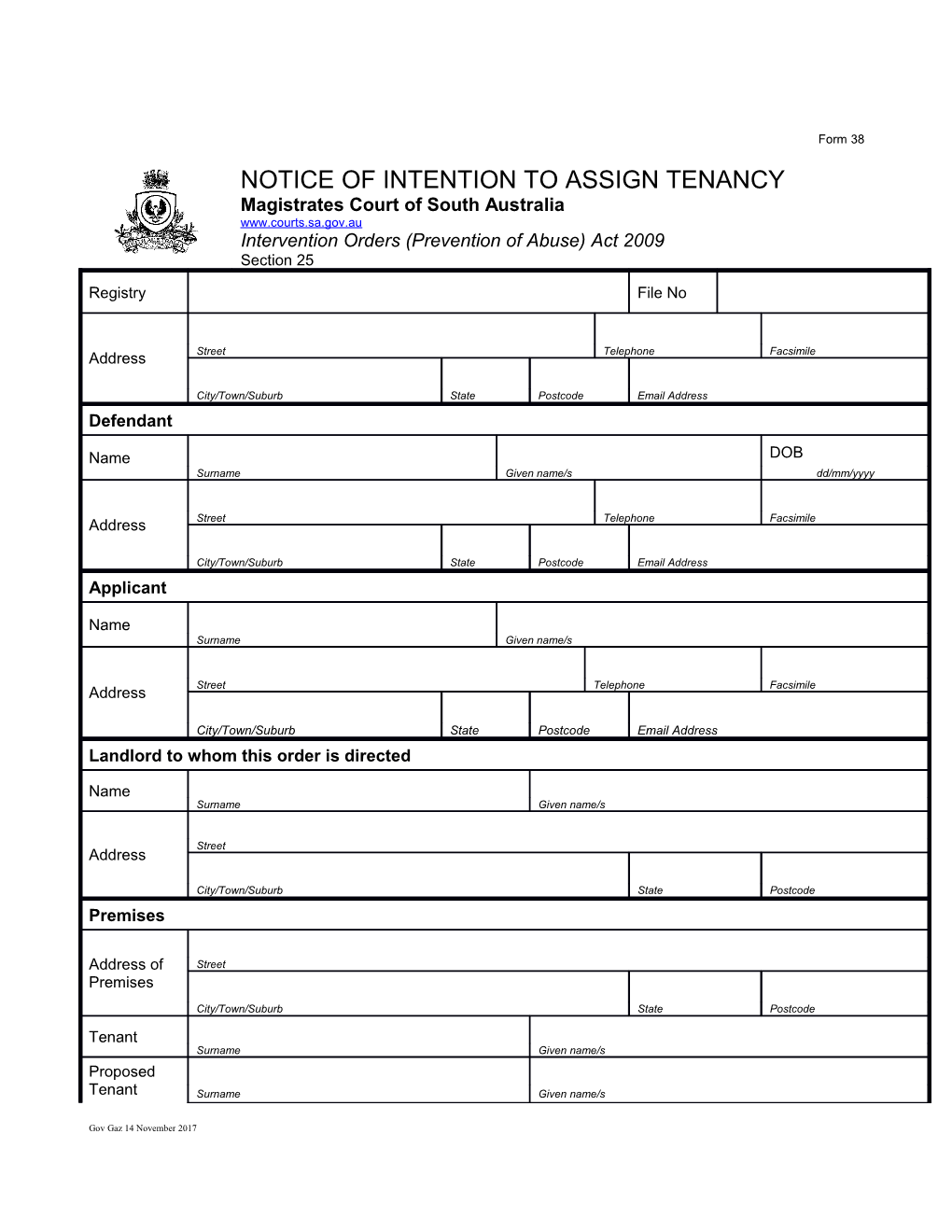 Form 38 - Notice of Intention to Assign Tenancy