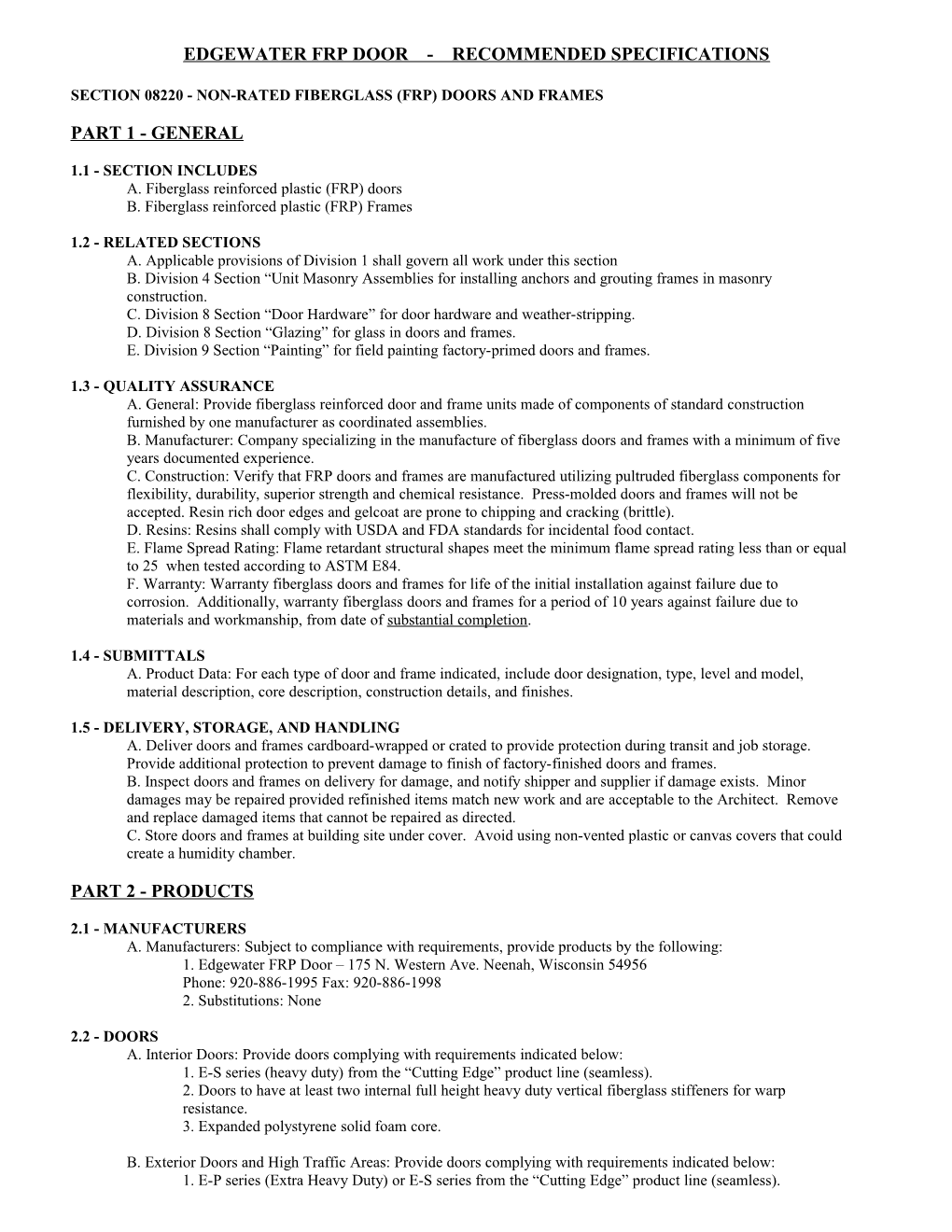 Edgewater Frp Door - Recommended Specifications