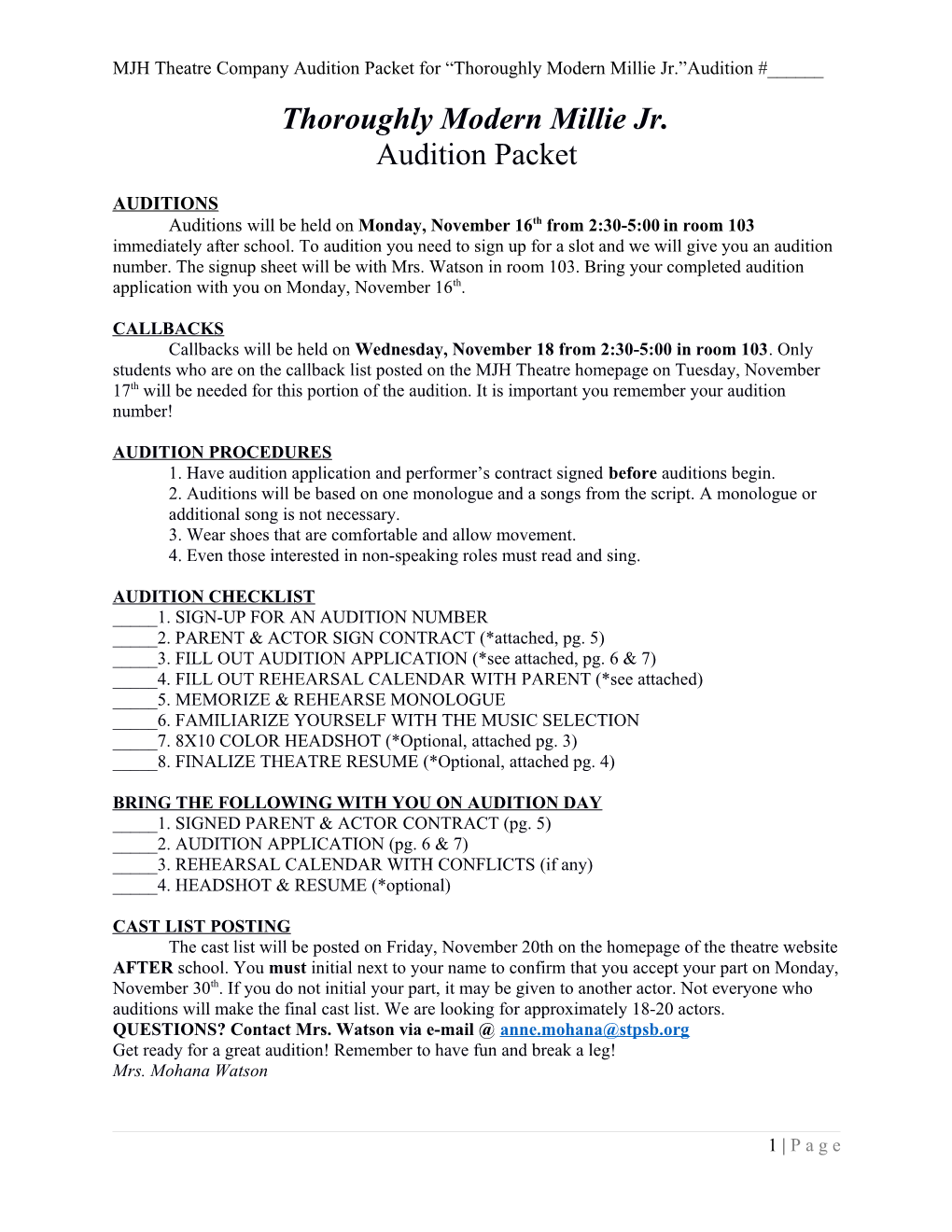 MJH Theatre Company Audition Packet for Thoroughly Modern Millie Jr. Audition #______