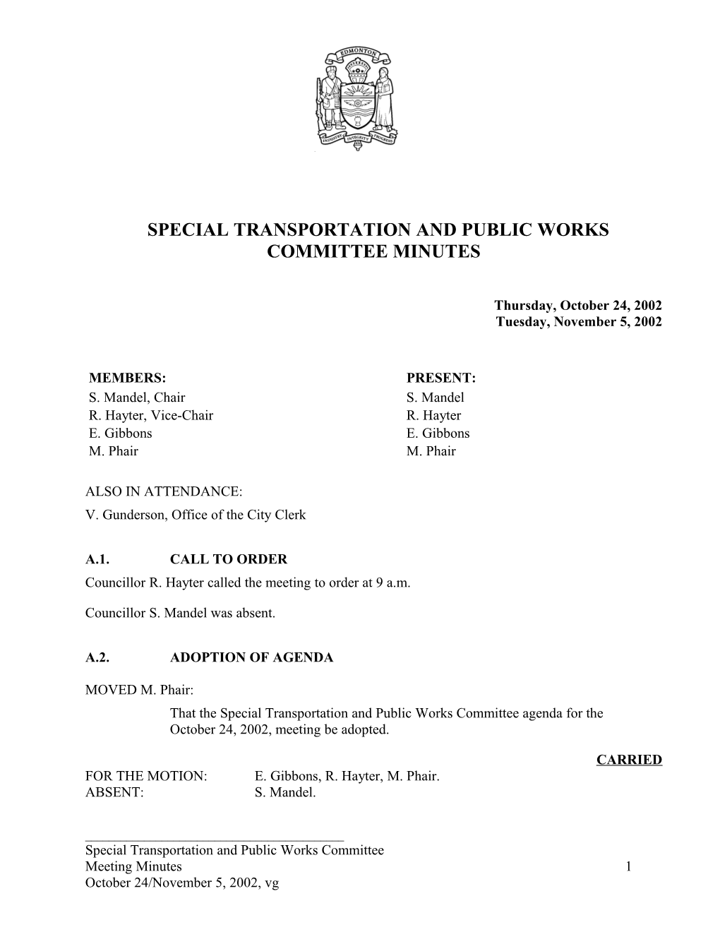 Minutes for Transportation and Public Works Committee October 24, 2002 Meeting