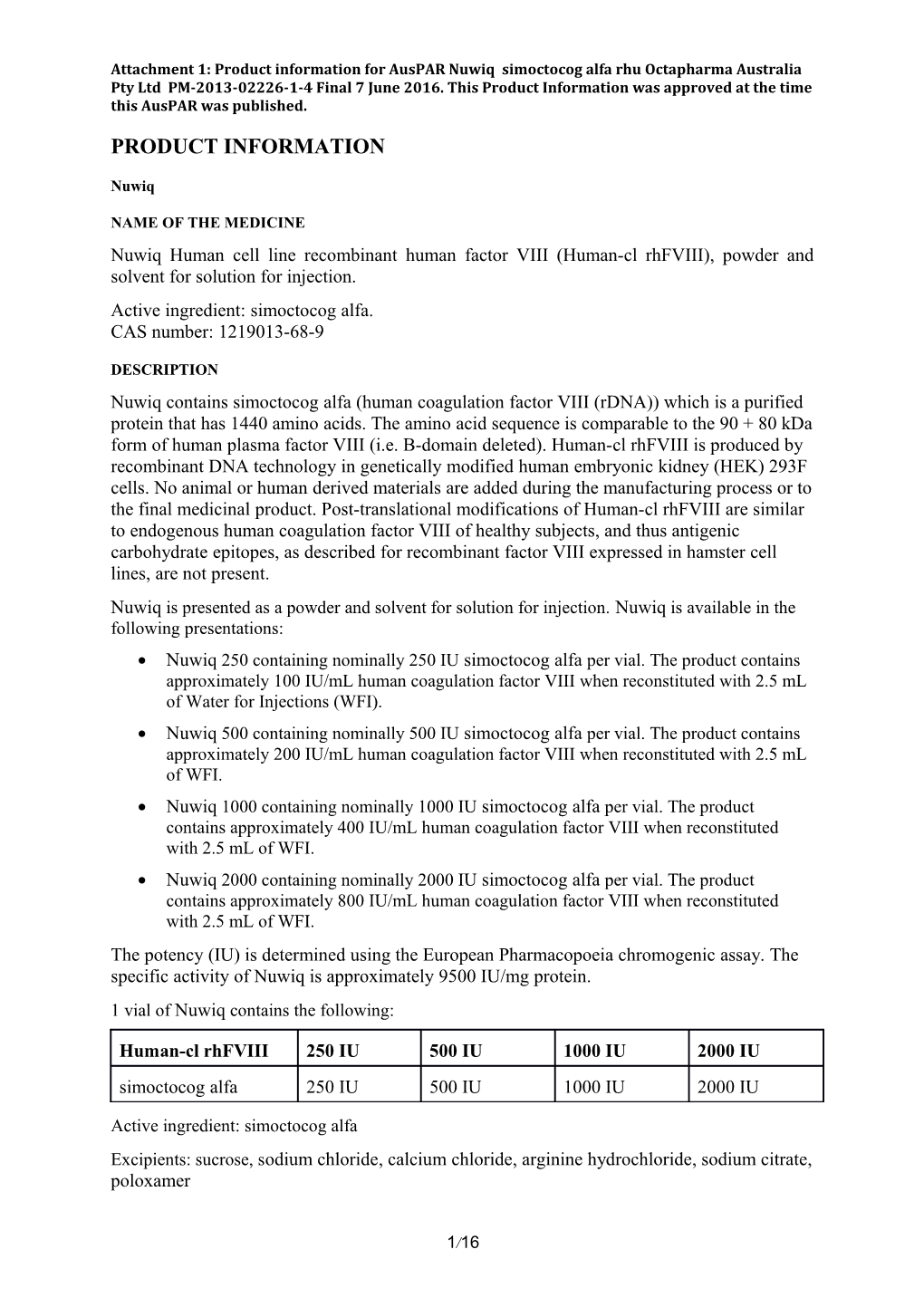 Auspar Attachment 1: Product Information for Simoctocog Alfa Rhu