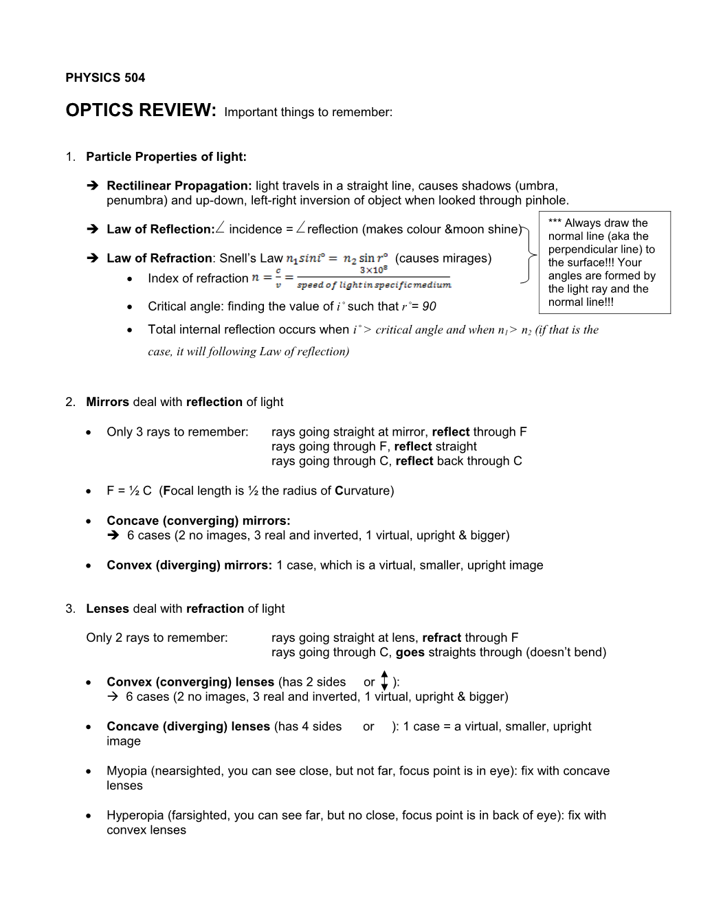 OPTICS REVIEW: Important Things to Remember