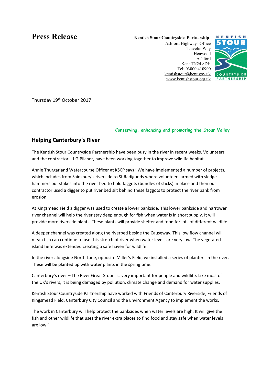Press Release Kentish Stour Countryside Partnership