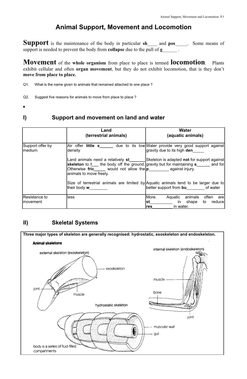 Animal Support, Movement and Locomotion