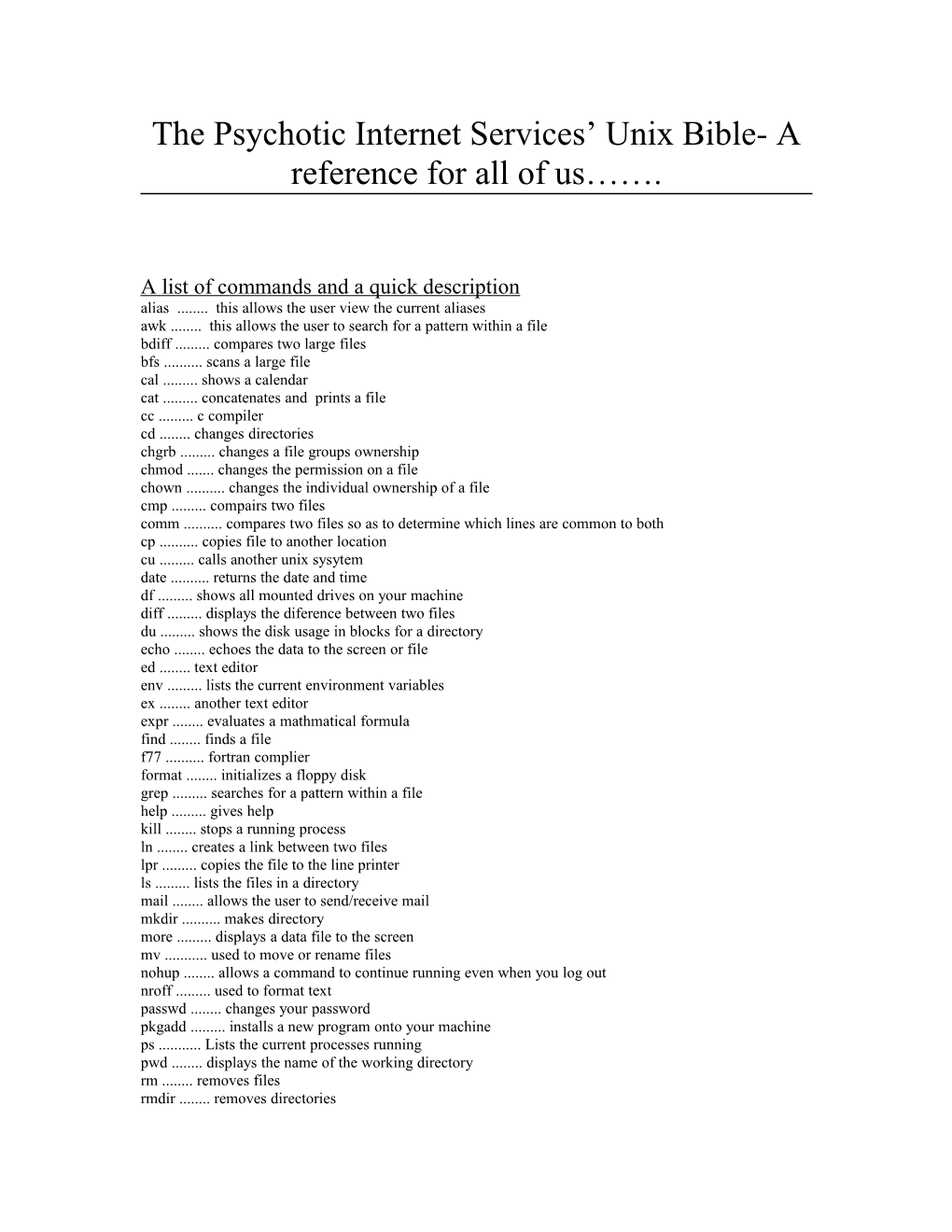 The Psychotic Internet Services Unix Bible- a Reference for All of Us