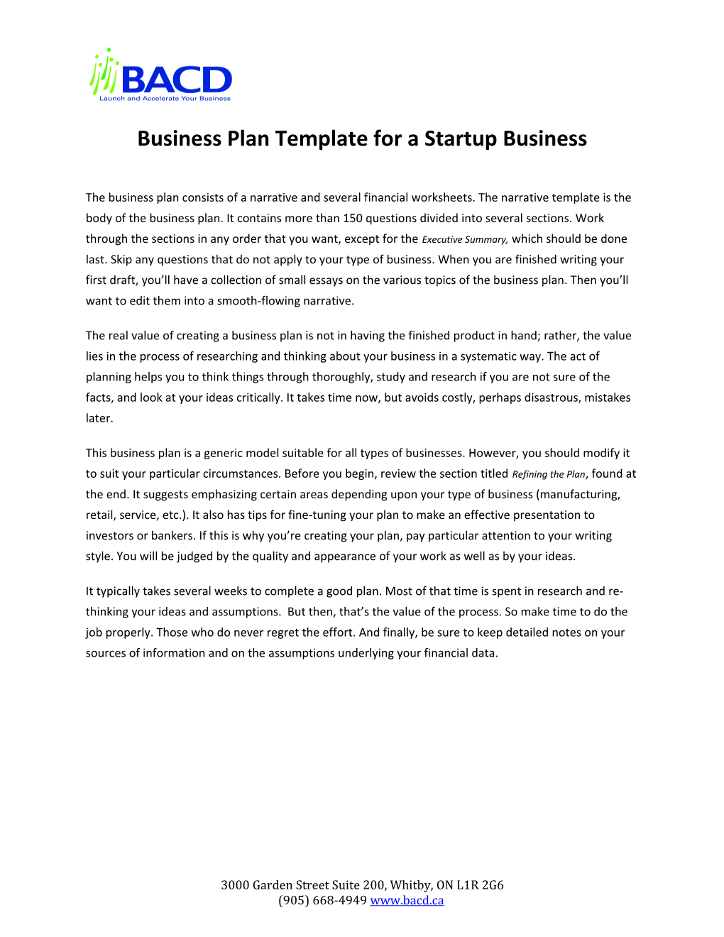 Business Plan Template for a Startup Business