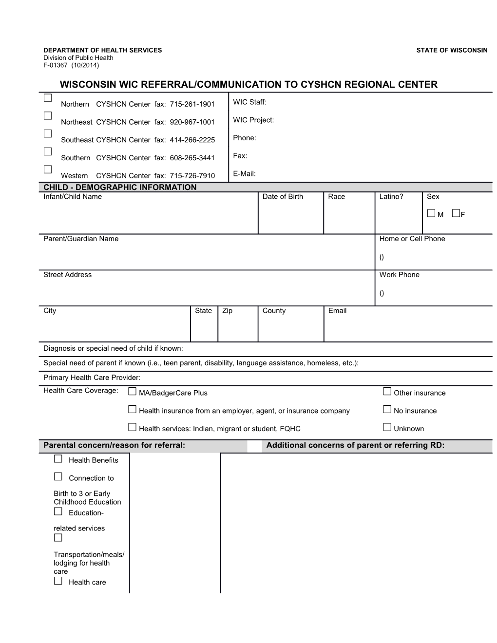 WIC Referral/Communication to Regional Center for CYSHCN